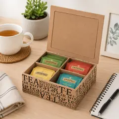 GENERICO - Caja Organizadora Té De Madera Con 4 Compartimentos Y Tapa
