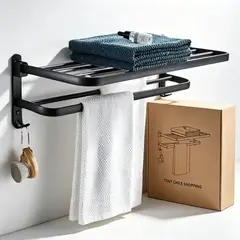 TSKY CHILE SHOPPING - Toallero Con Repisa Plegable 50cm Aluminio Organizador Baño Estante Toallas Con Ganchos Muro