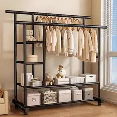 GENERICO - PERCHERO ORGANIZADOR DE ROPA DOBLE BARRA MULTIFUNCIONAL CON ESTANTES COLOR NEGRO TF
