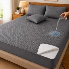 MASHINI - Cubre Colchón Impermeable Ultra Suave Gris + Fundas