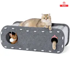 KOBA - Casa De Fieltro Para Gatos Michis Tipo Túnel Con Pompon 80x26x30cm Resistente A Los Arañazos Marengo