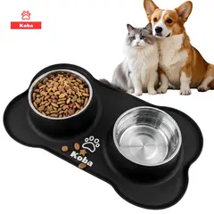 KOBA - 2 En 1 Comedero y Bebedero Para Perros Gatos Acero Inox 304 Base Protectora Silicona Antideslizante