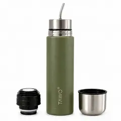 TAWO - Termo Mate Acero Inoxidable Autocebante 2 en 1 750 Ml Hermetico Antiderrame - Verde