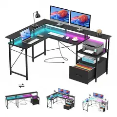 WUWAWDOGA - Escritorio Gamer Profesional Con Enchufe Estantes Y Rgb Luz 242x87x47cm BLANCO NEGEO