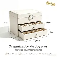 GENERICO - Caja de joyas de tres capas de cuero PU con cerradura, organizador de accesorios