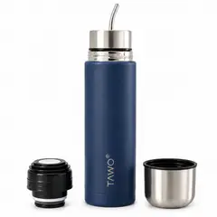 TAWO - Termo Mate Acero Inoxidable Autocebante 2 en 1 750 Ml Hermetico Antiderrame - Azul Marino