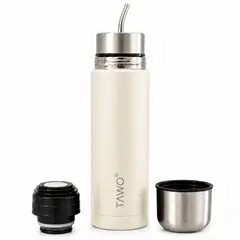 TAWO - Termo Mate Acero Inoxidable Autocebante 2 en 1 750 Ml Hermetico Antiderrame - Blanco