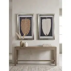 TELARES DE ESTILO - Dúo Cuadro Decorativo Hojas Algodón y Yute, Fibra Natural, Artesanía Chilena, Marco Dorado 50x32 Vidrio