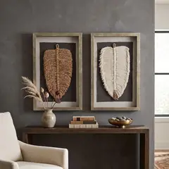 TELARES DE ESTILO - Dúo Cuadro Decorativo Hoja Algodón y Yute, Fibra Natural, Artesanía Chilena