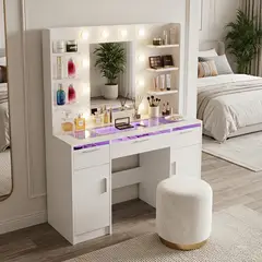 ELEMENT DESIGN - Tocador Blanco con Espejo LED 3 Tonos, Vidrio Templado y Cajones Transparentes con Luz RGB, Moderno