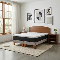 LATAM HOME - Cama Europea New Top Colchon Resortes 23 Cm 2 Plazas Tela Velvet Gris + Maderas Atlas