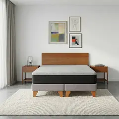 LATAM HOME - Cama Europea New Top Colchon Resortes 23 Cm 2 Plazas Tela Velvet Gris + Maderas Orion