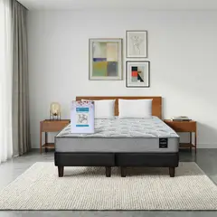 LATAM HOME - Combo Cama Cannon 2 Plazas Base Dividida Tela Palo Negro + Textil + Respaldo + 2 Veladores Orion