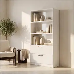 HOMER DESIGN - Librero Biblioteca Estantería Con 3 Repisas Y 2 Cajones De 137 Cm Blanco
