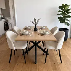 PANDALINO - Comedor Mesa Greta Wood 140x90 - Pata Negra + 4 Silla Eloina Felpa Beige - Pata Negra