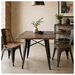 NOVAHUS - Mesa Metal Tolix Madera Oscura 70x70 cm
