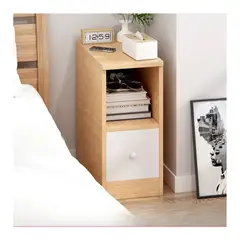 EVERSO - Velador Mesa de Noche 2 Niveles con Cajón y Repisa de Madera