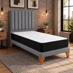 GENERICO - Cama Europea 1 Plaza Gris medio lino con Colchón y Respaldo Tapizado lineal 90x190 cm