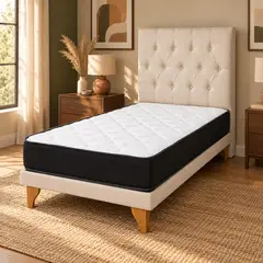 GENERICO - Cama Europea 1 Plaza Beige con Colchón y Respaldo Capitoné en Lino 90x190 cm