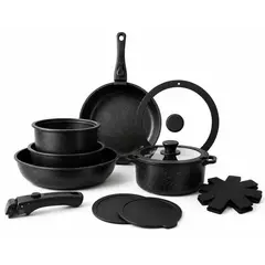 VIDA BUENAS - Batería de Cocina 15 Piezas con Recubrimiento de Granito Antiadherente Negro