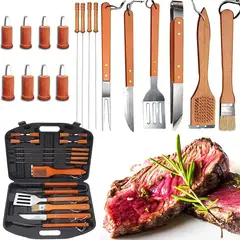 EVERSO - Kit Parrillero BBQ 19 Piezas Acero Inoxidable con Mangos de Madera y Maletín