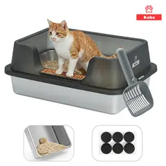 KOBA - Arenero Para Gatos Michis Baño Sanitario Grande Acero Inoxidable Con Pala Abertura Lateral Negro