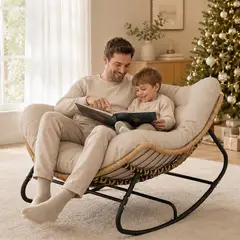 ELEMENT DESIGN - Silla Mecedora Papasan 120 cm con Cojín de Ratán Sintético para Sala de Estar Terraza