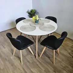 CORI CORI - Comedor Mesa Eames Blanca 80cms + 4 Sillas Mariposa Ecocuero Wood