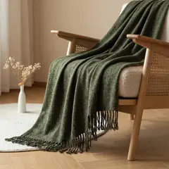 SANTU HOME & DECO - Manta Decorativa pie de Cama Throw Verde Oliva con Flecos