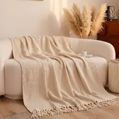 SANTU HOME & DECO - Manta Decorativa pie de Cama Throw Crudo Beige con Flecos