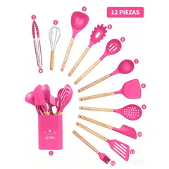YOLIKITCHEN - Set Utensilios Cocina Silicona 12 Piezas c/Mango Madera. Antiadherente,Resistente Calor,Organizador.