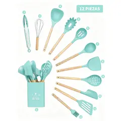YOLIKITCHEN - Set Utensilios Cocina Silicona 12 Piezas c/Mango Madera. Antiadherente,Resistente Calor,Organizador.