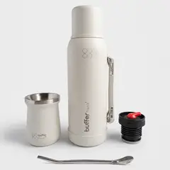 BUFFER FLASK - Termo Mate Set 1 Litro Buffer Acero Inox Kit Matero Bombilla - Blanco