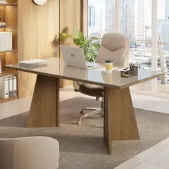 MADESA - Escritorio Ejecutivo de Oficina 5388 Cubierta Vidrio 180 cm Crema 180x90x78 cm