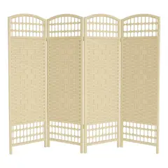 GENERICO - Biombo Separador de Ambientes 4 Paneles Plegable Fibra Tejida Beige Claro