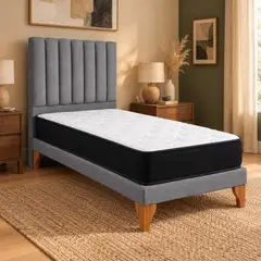 GENERICO - Cama Europea 1 Plaza Gris medio lino con Colchón y Respaldo Tapizado lineal