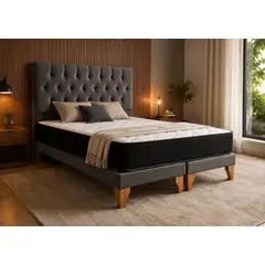 GENERICO - Cama 2 Plazas con Colchón Bonell + Box Tapizado + Respaldo Capitone de Felpa Gris oscuro