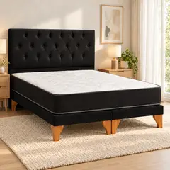 GENERICO - Set Cama 2 Plazas con Colchón Bonell + Box Tapizado + Respaldo Capitone Negro