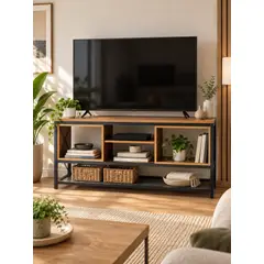 GENERICO - Muebles para TV Rack TV Industrial con 4 Nichos Abiertos y Repisa de Malla Acero 110x30x54cm