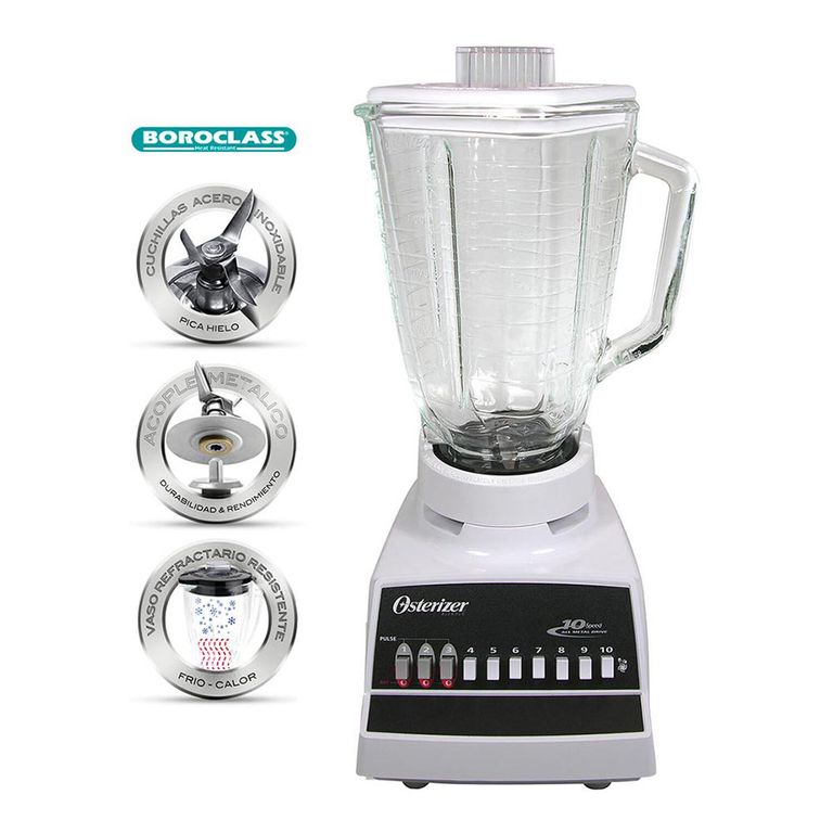 Licuadora Juguera Clásica 10 Velocidades 300W Jarra Vidrio 1,25 L Pica Hielo Blanca