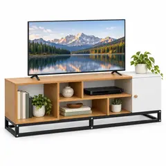 GENERICO - Rack TV Asimétrico Madera y Blanco con 1 Puerta, Nichos y Marco Negro 120x30x40 cm