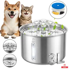 KOBA - Bebedero Eléctrico Fuente Agua Para Gatos Perros Acero Inox 304 Capacidad 3 Litros Con 1 Filtro