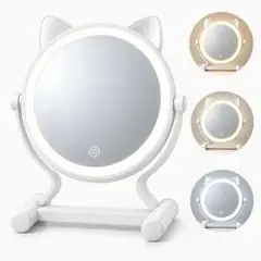 EVERSO - Espejo Tocador Maquillaje con Luz LED 3 Tonos Ajustables Diseño Gato Blanco
