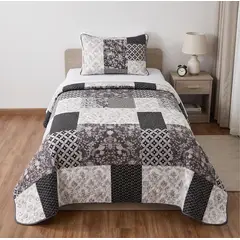 GENERICO - Cubrecama Quilt Verano 1.5 Plazas - Dresden Gris Damasco KFL743