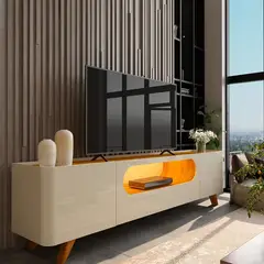 DECOCASA - Rack TV Nobre 75 Pulgadas Luces LED  Patas de Madera Off White