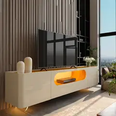 DECOCASA - Rack TV Nobre 75 Pulgadas Luces LED  Patas de Vidrio Off White