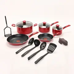 TEFAL - Batería De Cocina Antiadherente 14 Piezas Ollas Y Sartenes Rojo Simply Cook