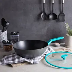 WURDEN - Wok 32 Cm Con Tapa De Vidrio Turquesa Antiadherente