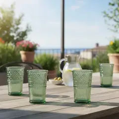 ROBERTA ALLEN - Set 4 Vasos Largos Vidrio Verde Labrado