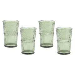 ROBERTA ALLEN - Set 4 Vasos Largos Vidrio Verde Labrado